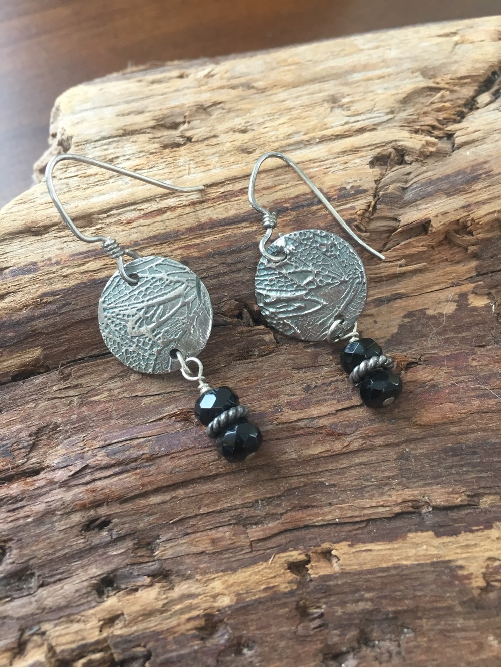 Silver Textured Disc Drop Earrings with Black Beads
